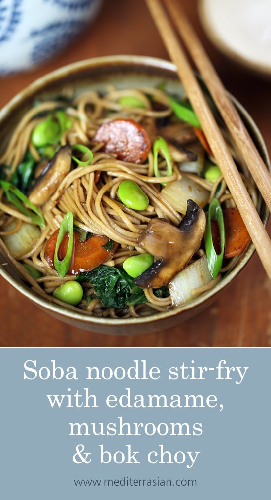 Soba noodle stir-fry with edamame, mushrooms and bok choy