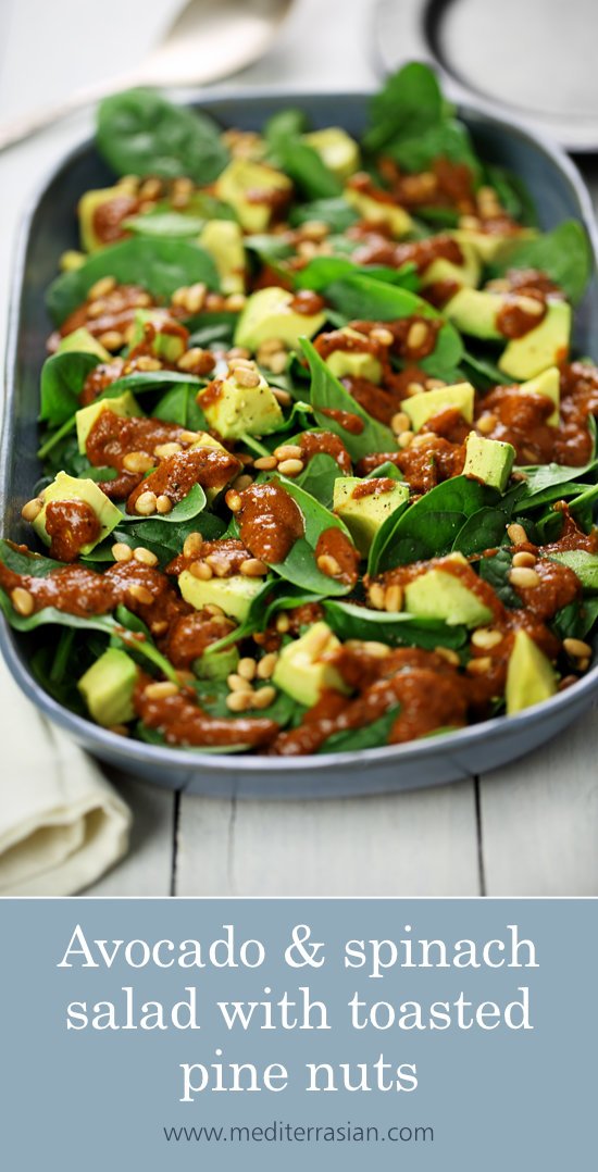 Avocado and spinach salad with toasted pine nuts and sundried tomato-balsamic dressing