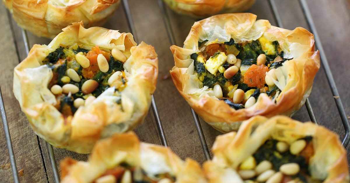 Phyllo Tartlets With Spinach Pumpkin Feta And Pine Nuts