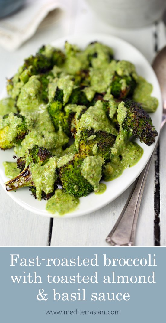 Fast-roasted broccoli with toasted almond and basil sauce