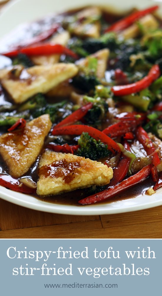 Crispy-fried tofu with stir-fried vegetables and soy-sesame sauce