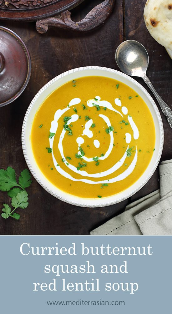 Curried butternut squash and red lentil soup