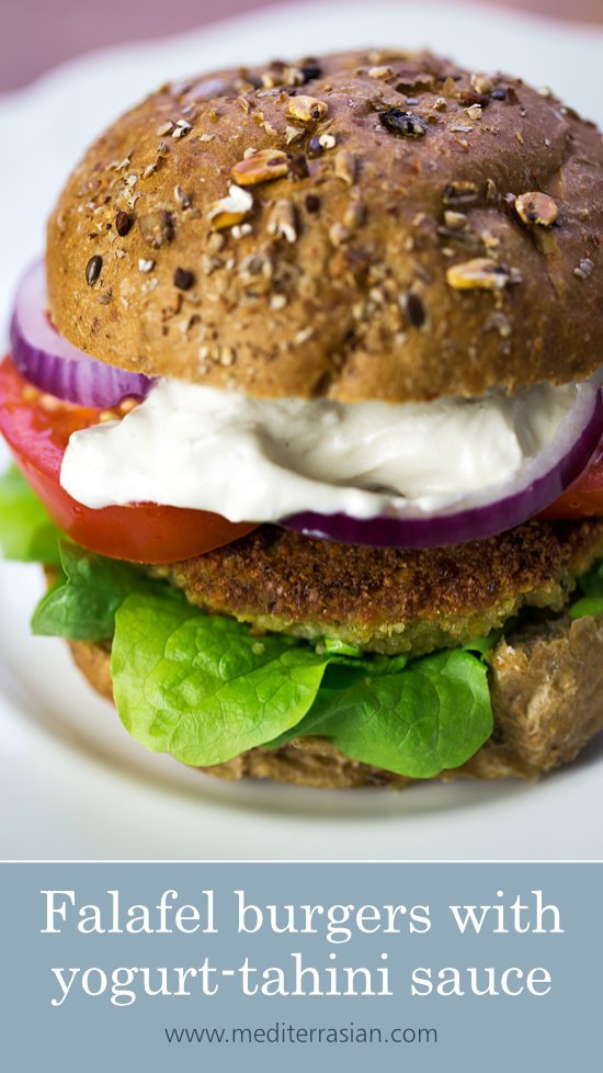 Falafel burgers with yogurt-tahini sauce