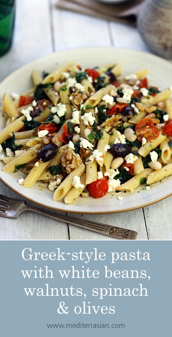 Greek-style pasta with white beans, walnuts, spinach and olives