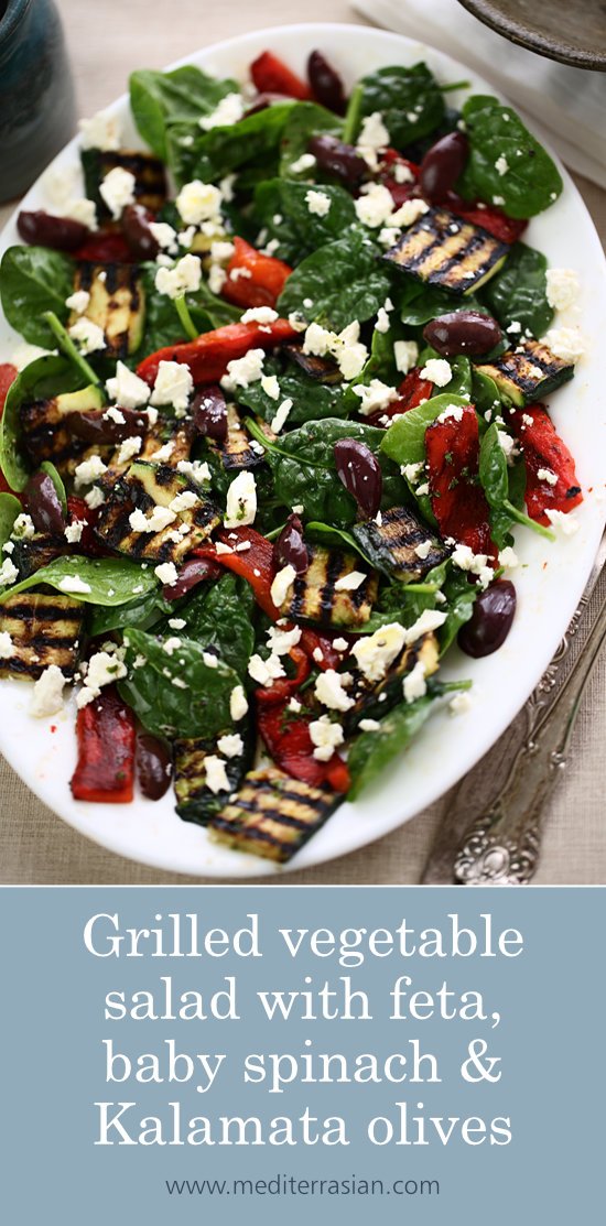 Grilled vegetable salad with feta, baby spinach and Kalamata olives