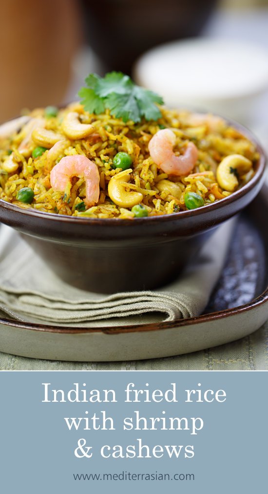 Indian fried rice with shrimp and cashews