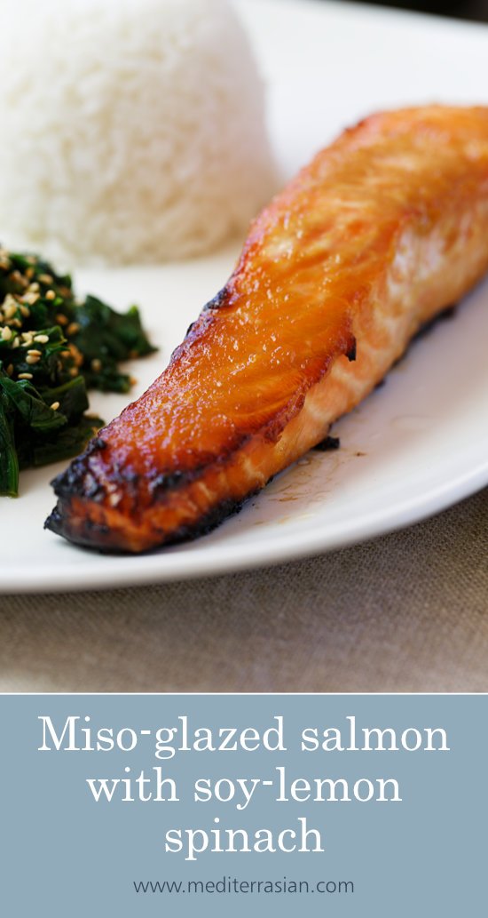 Miso-glazed salmon with soy-lemon spinach