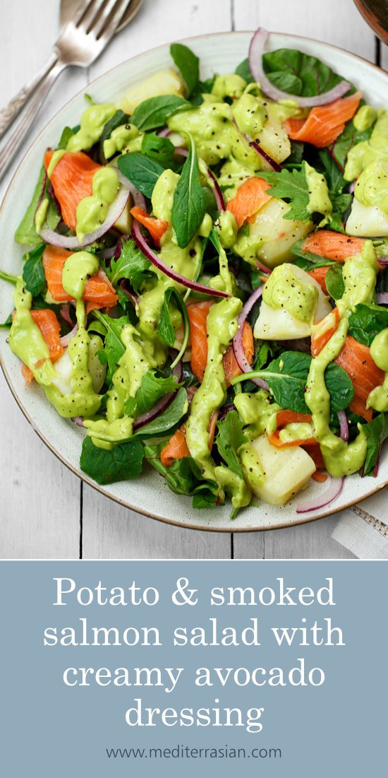 Potato and smoked salmon salad with creamy avocado dressing