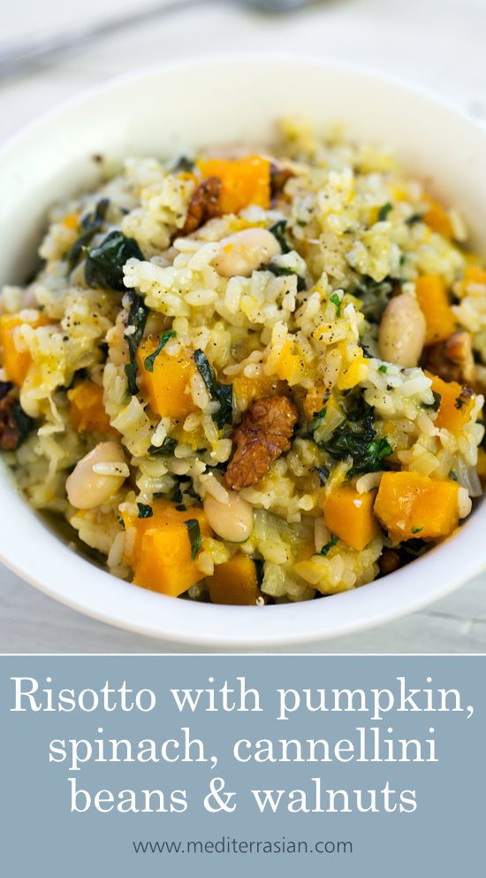 Risotto with pumpkin, spinach, cannellini beans and walnuts