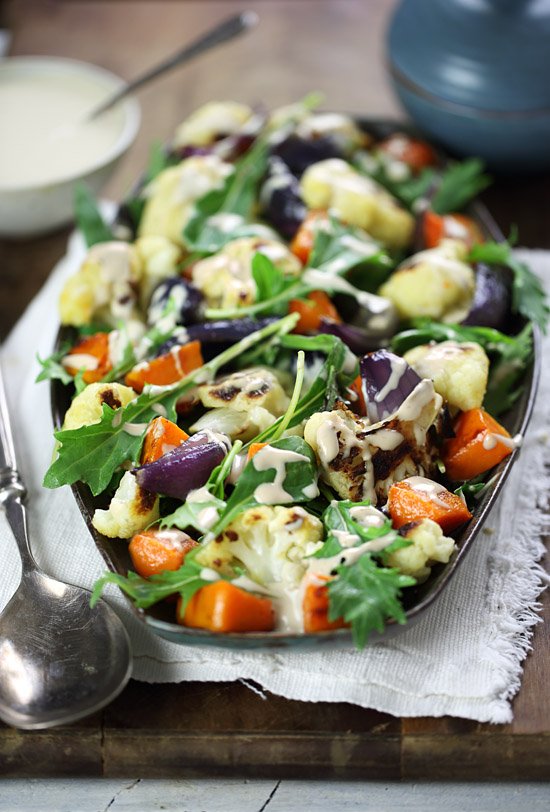 Roasted vegetable salad with tahini-lemon dressing