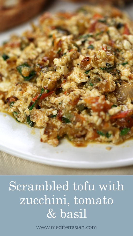 Scrambled tofu with zucchini, tomato and basil