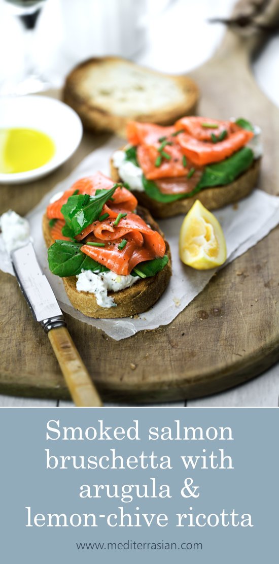 Smoked salmon bruschetta with arugula and lemon-chive ricotta