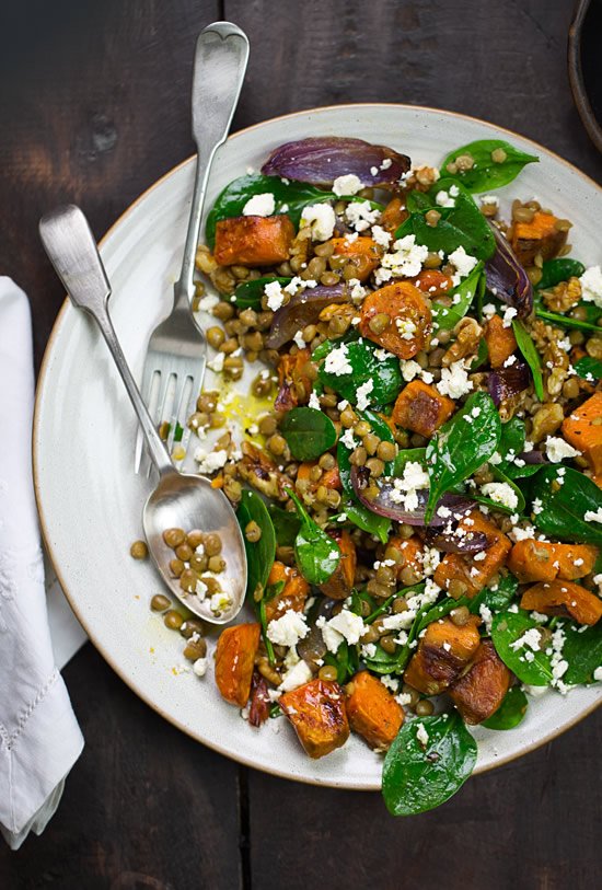 Sweet potato and lentil salad with baby spinach, walnuts and feta