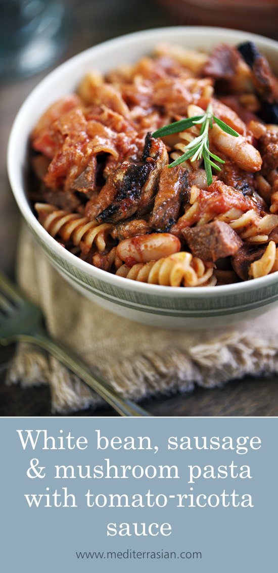 White bean, sausage and mushroom pasta with tomato-ricotta sauce